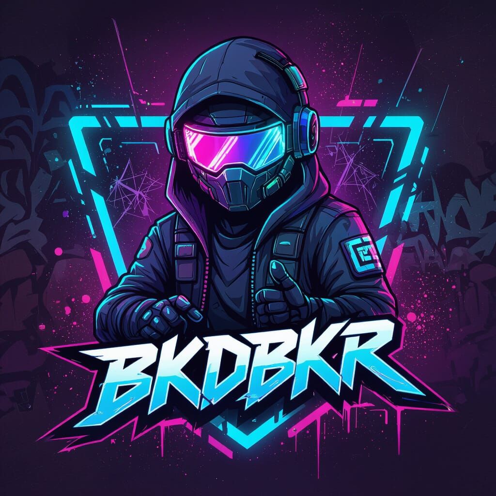 "Design a futuristic cyberpunk Twitch logo for 'BKDBKR'. Feature a sleek, high-tech mascot character with glowing neon lines, augmented real...