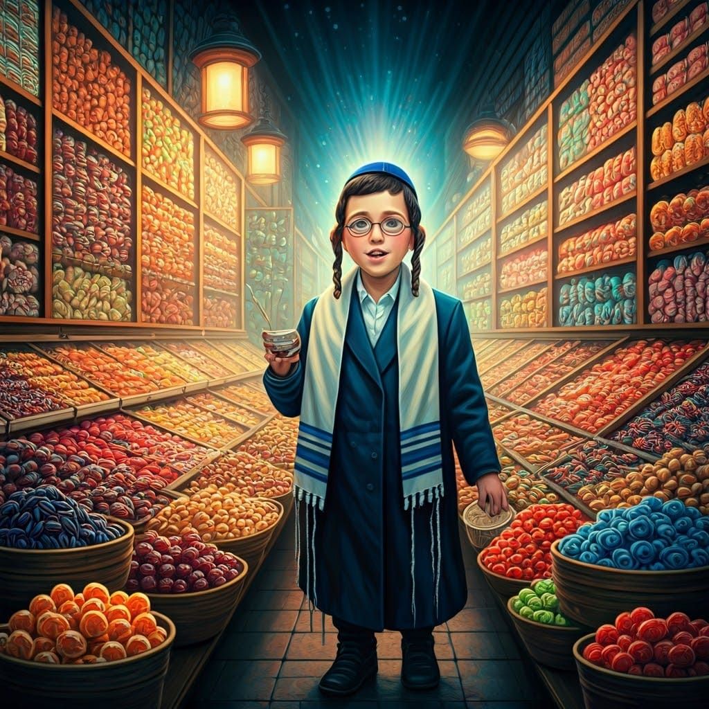 Orthodox Jewish Boy Shops for Shabbat Treats in Vibrant Holo...