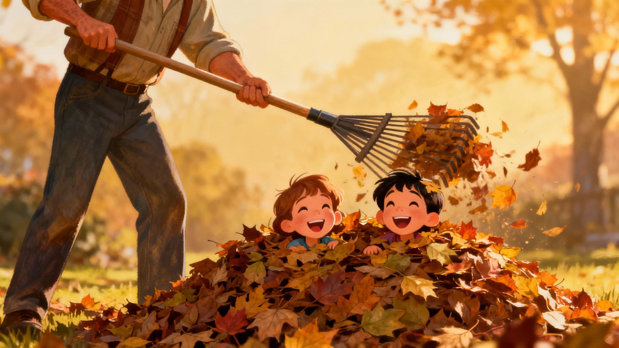 A dad rakes fall leaves into a pile.  In the middle of the pile visible from the front are two cute faces, his children peering out laughing...