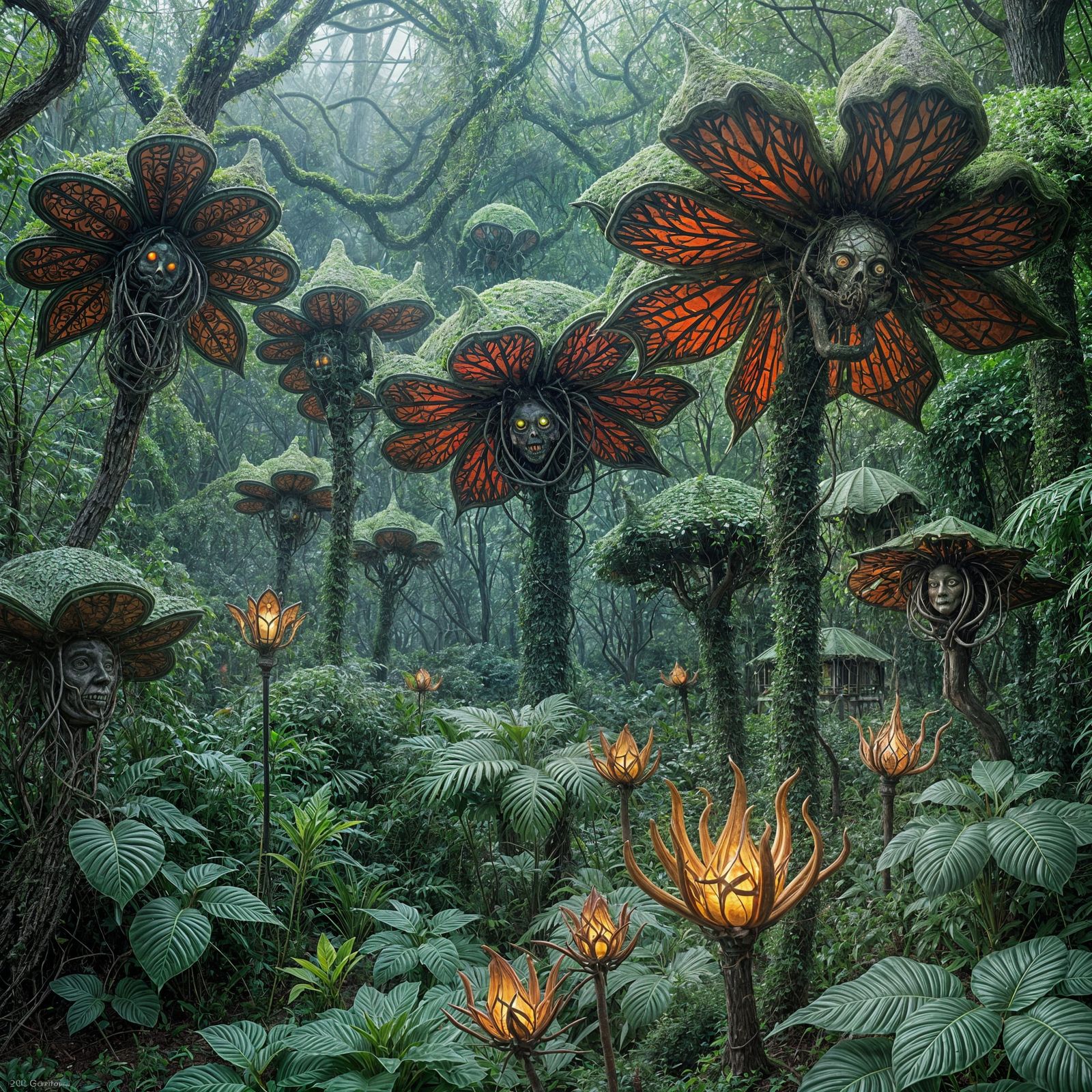Eerie Overgrown Garden with Glowing Fungi