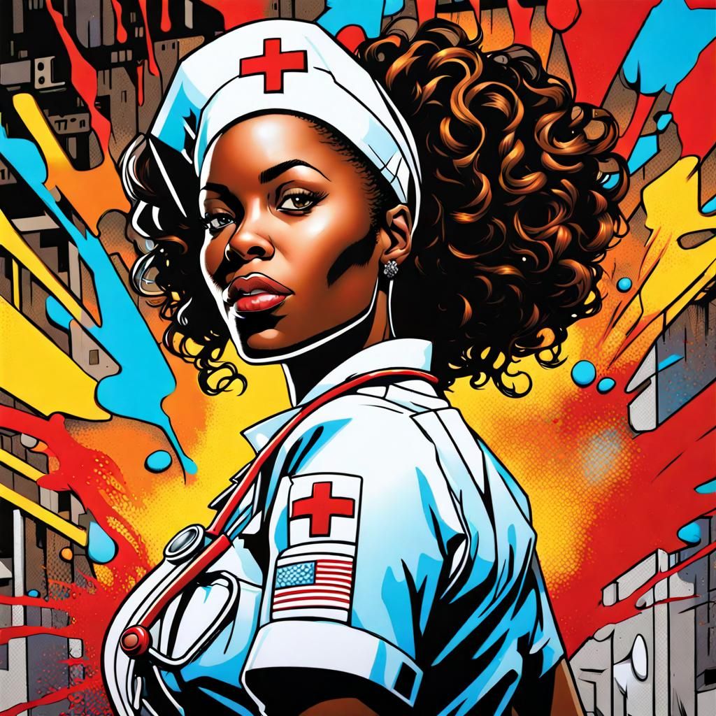 African American female ER nurse as a super hero graffiti art, splash art, street art, spray paint, oil ...  by @Xenon Darrow