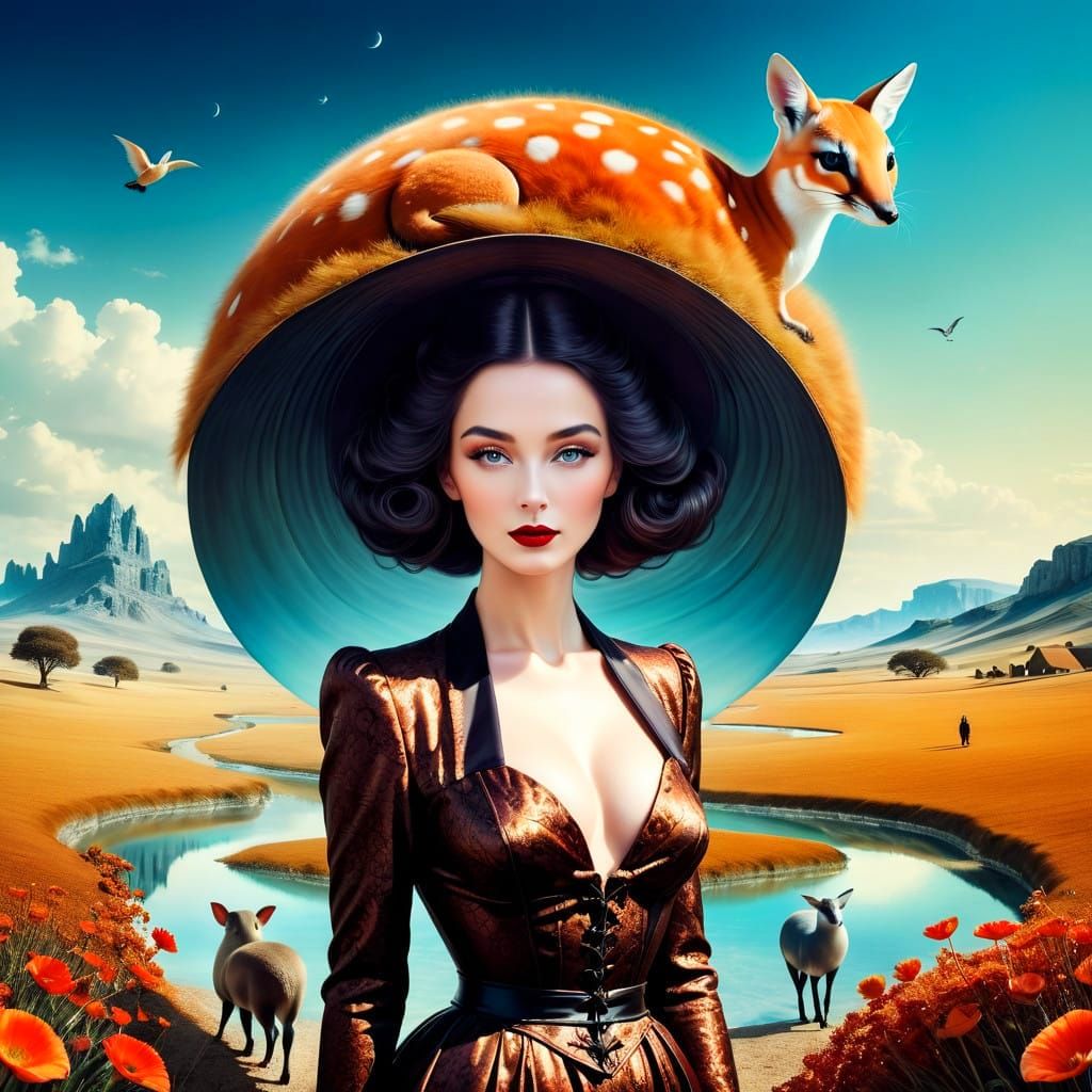 Surrealist Lady in Vibrant Landscape with Fantastical Creatu...