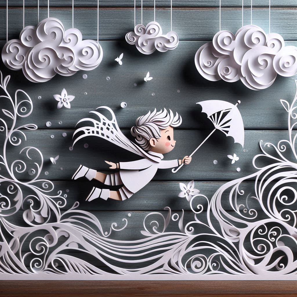 A child flies on a windy day in a paper fillagre