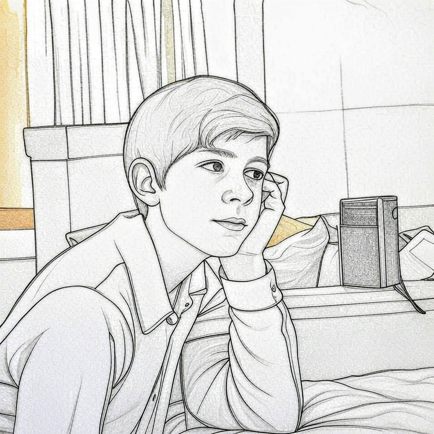 Me as a teenager, 1974, line drawing