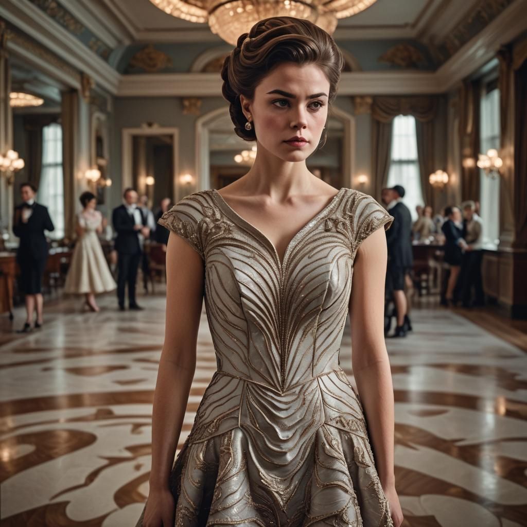She wears a panel dress with a scallop neckline that looks l...