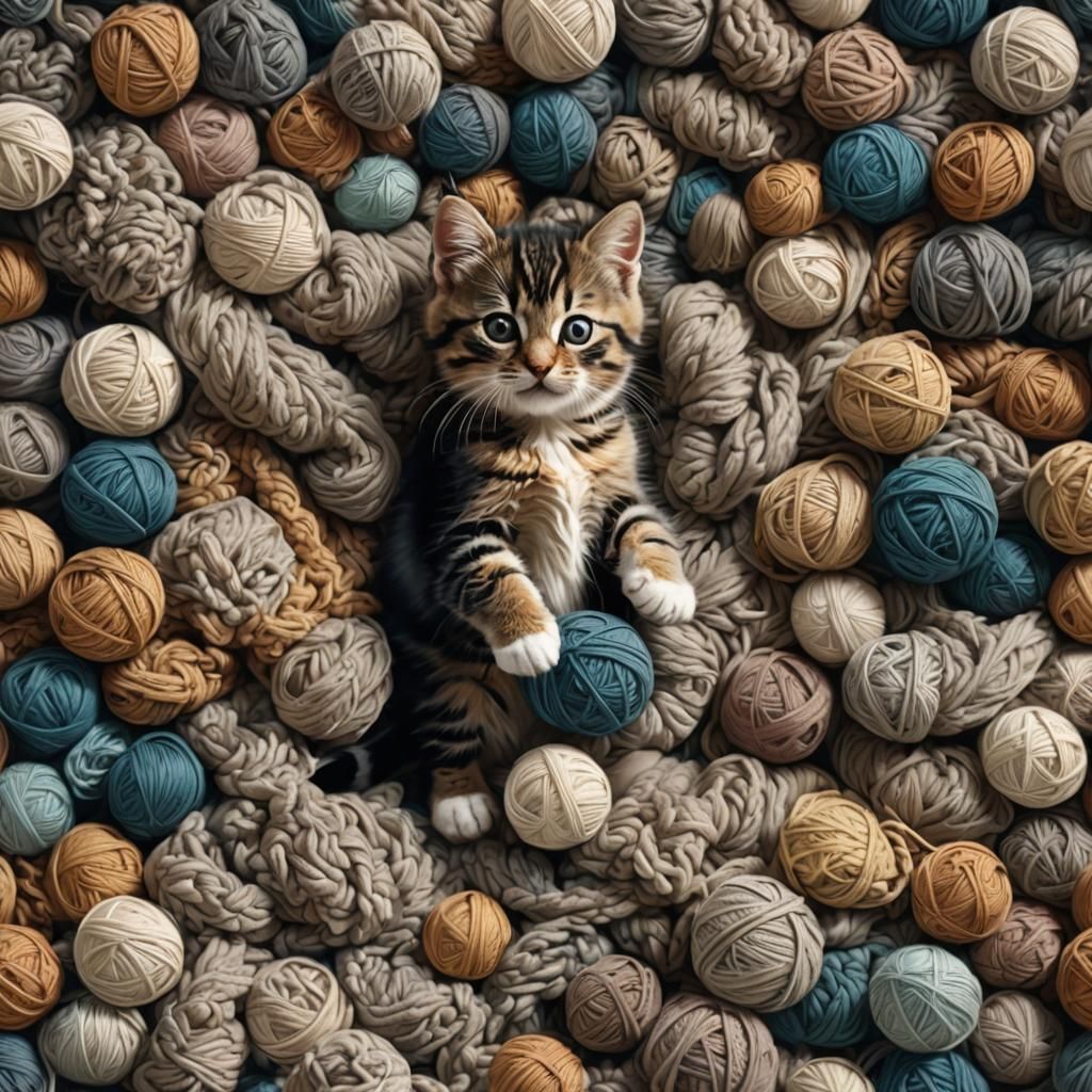 A kitten surrounded by balls of yarn