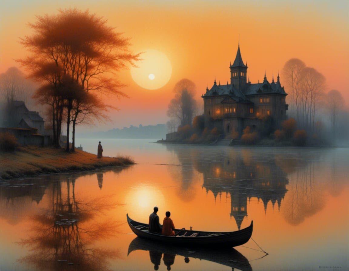 (Two people sit facing each other in a small wooden rowboat: +3.0) on a lake. In the background the sun ...  by @Baolian