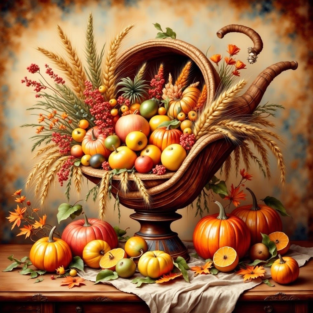 <lora:Antique Watercolor 2:1.0> large, wide hat with a cornucopia and fall flowers on it  by @A Secret McDaniel