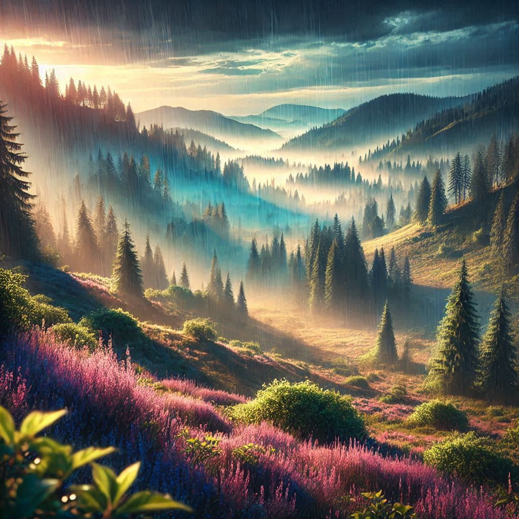 Morning landscape on a rainy day