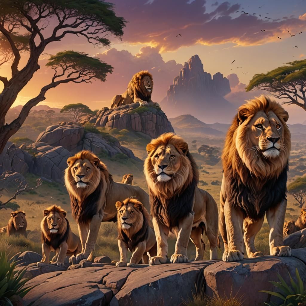 Lions on Savannah at Sunset: Fantasy Concept Art