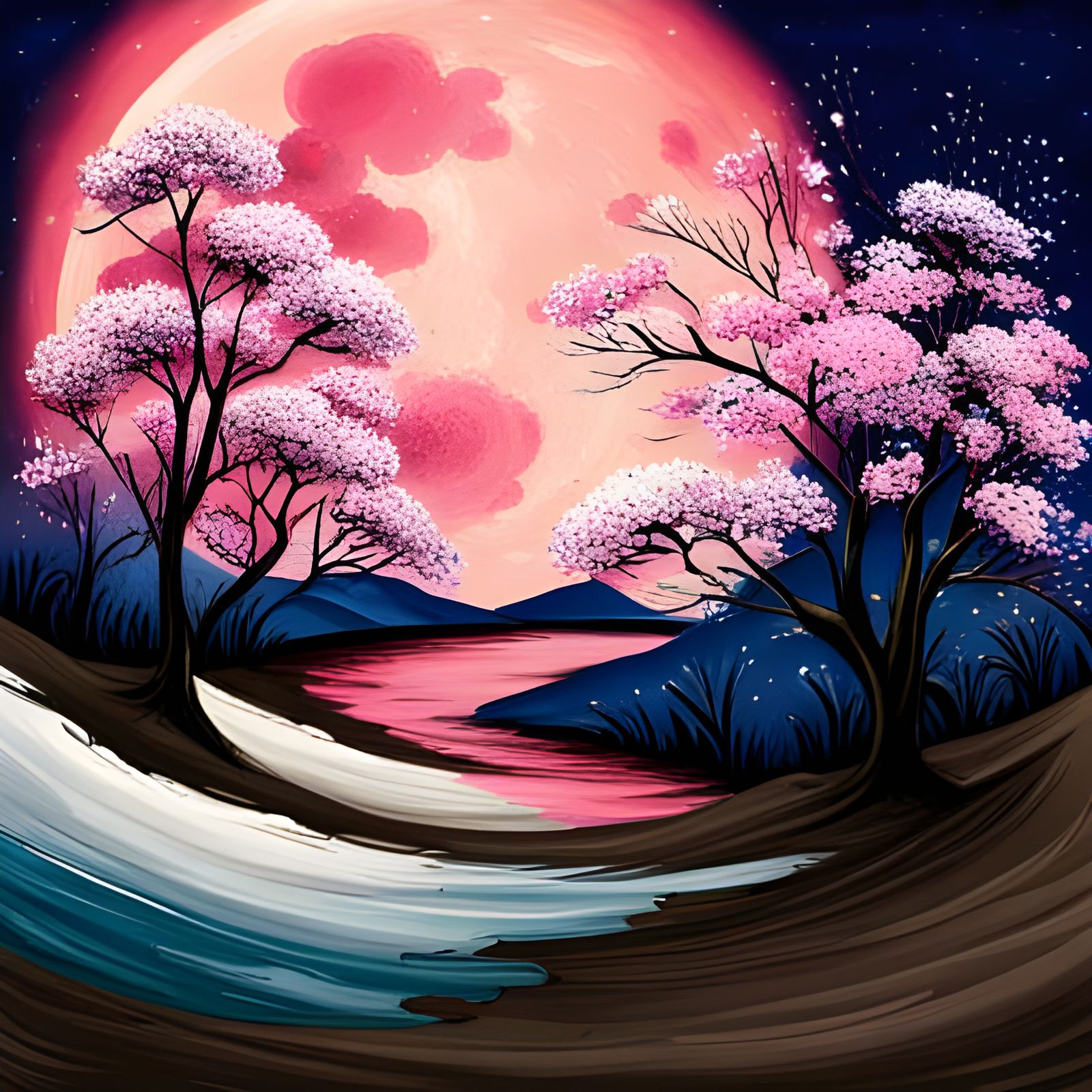 full moon, cherry blossom peddles, night sky, landscape, Japanese countryside, Japanese burialground, ...  by @Deadend