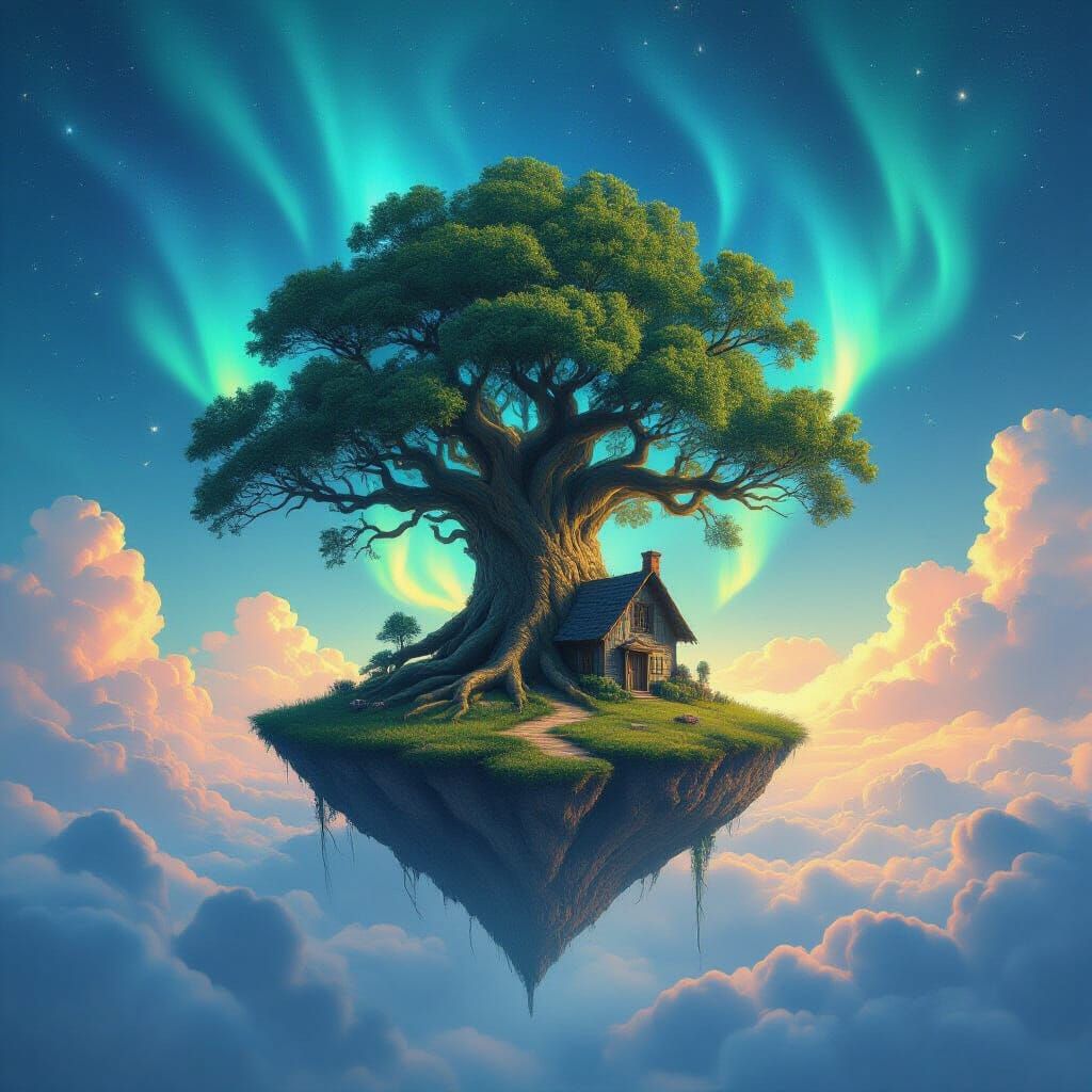 A colossal, ancient tree with roots that trail into the clouds, supporting a small, weathered cottage. The entire structure floats serenely ...