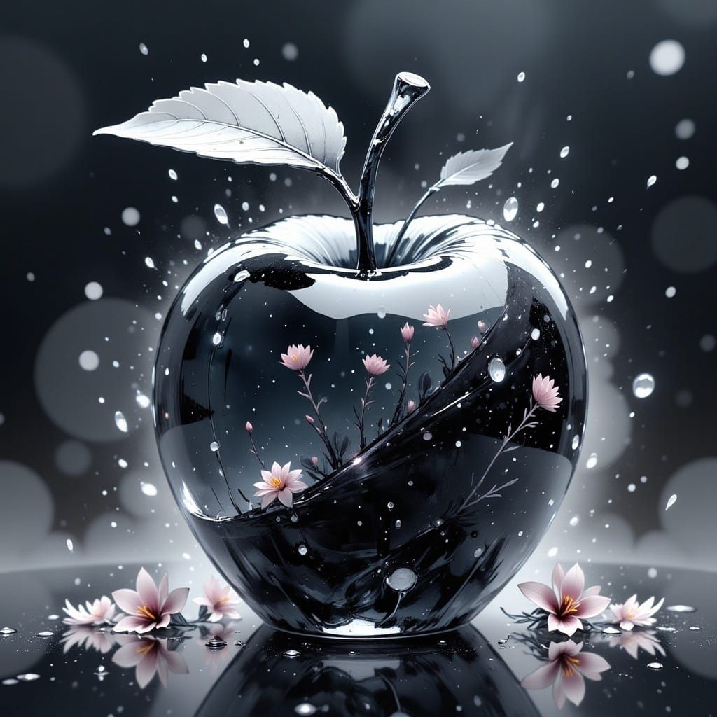 <lora:EtherealInkArchiveFx:1.0>, apple made of glass,, the glass apple is filled with black liquid,, glass apple,, ethereal fantasy, highly...