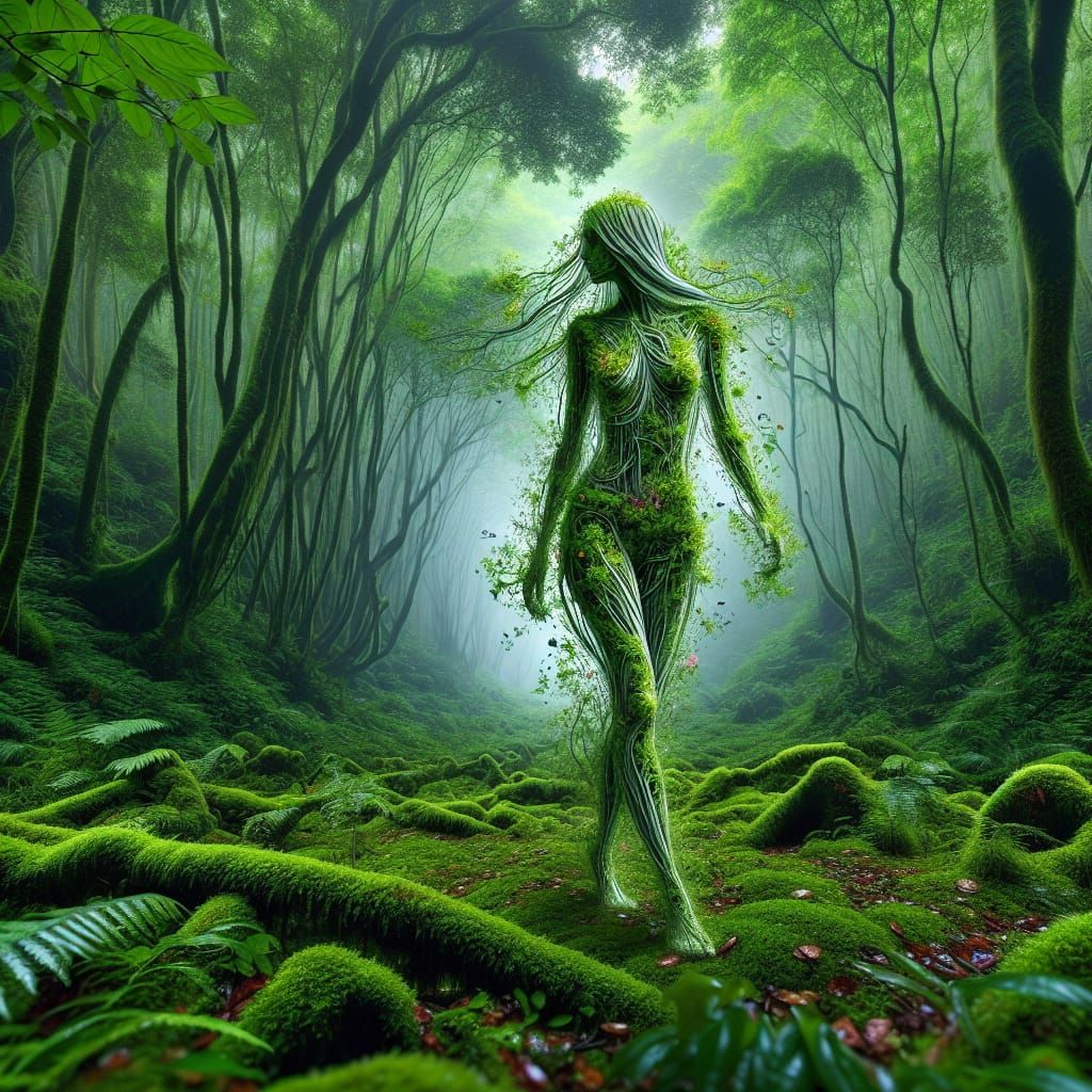 Girl made of mist walking in a green green forest, wispy, et...