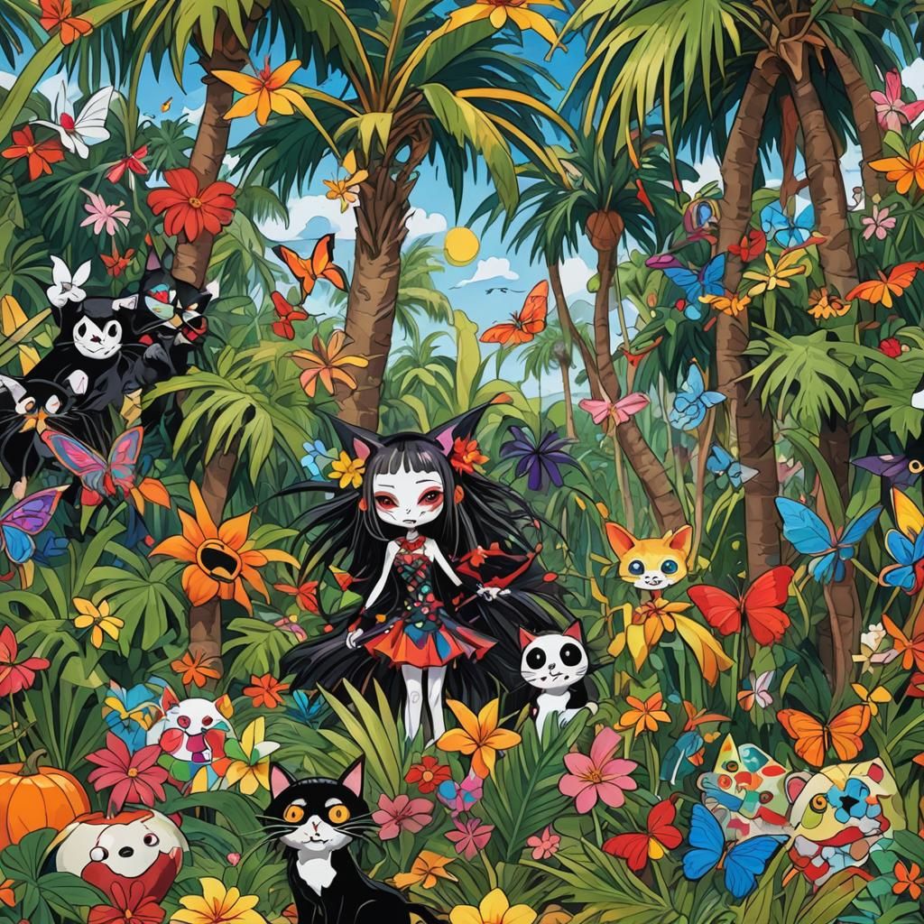 a tropical island with sunny weather, a vampire and a witch in swinsuit