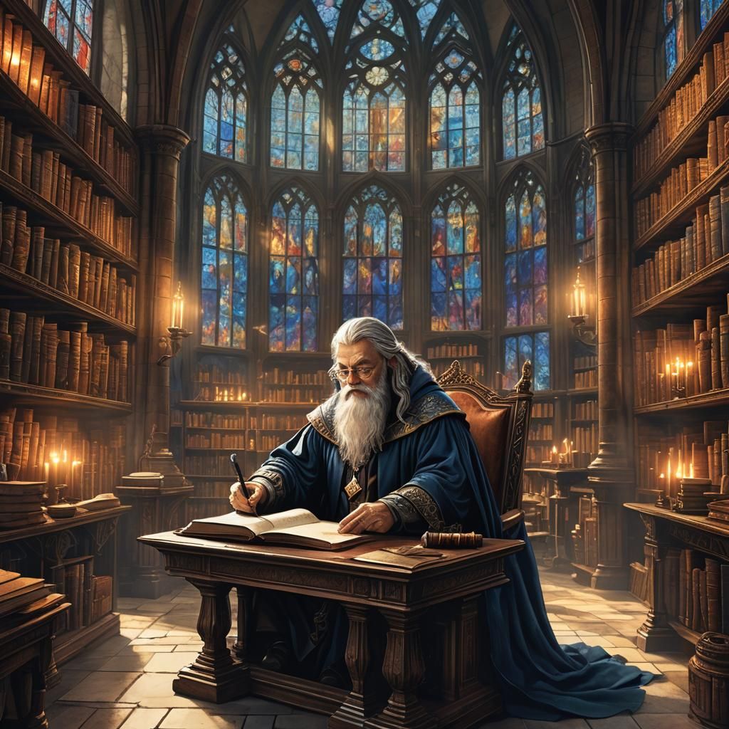 Wizard in Grand Library Writes with Quill and Ink