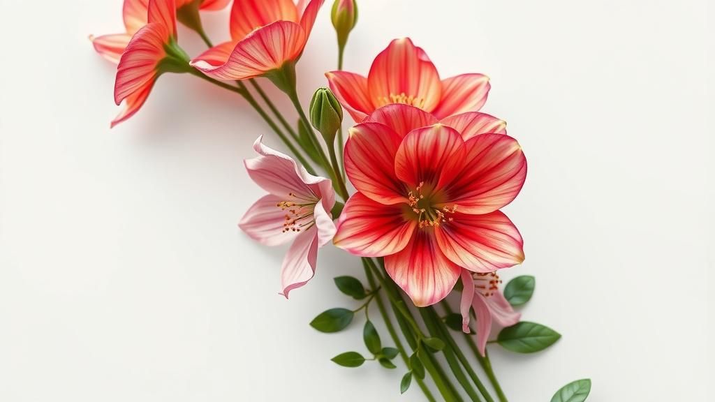 Fresh cut flowers, pure white background, 3D effect detailed matte painting, deep color, fantastical, intricate detail, splash screen, compl...