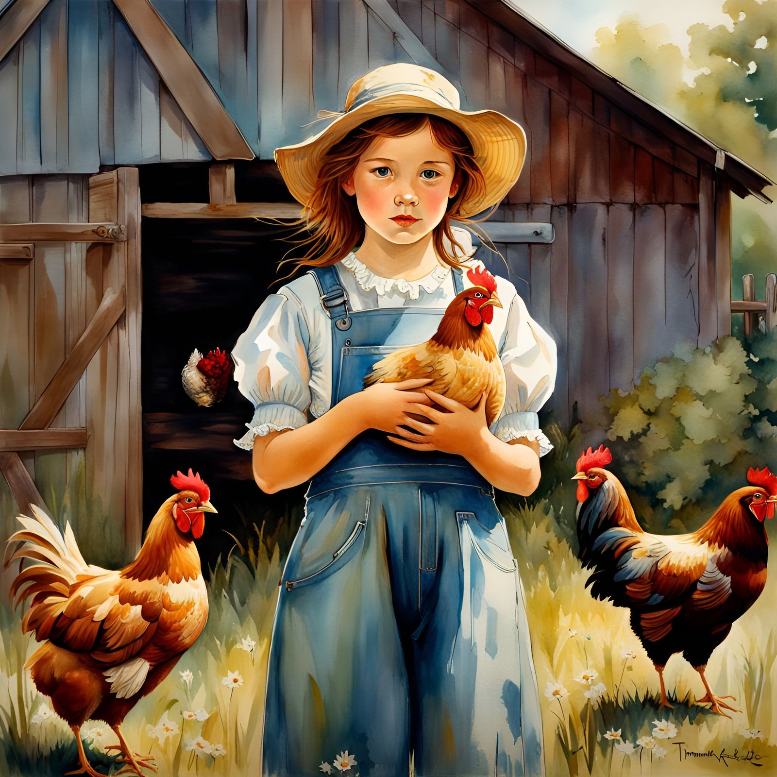A beautiful girl wearing bib overalls on a farm holding her pet chicken  ...  by @JACK ANDREASEN