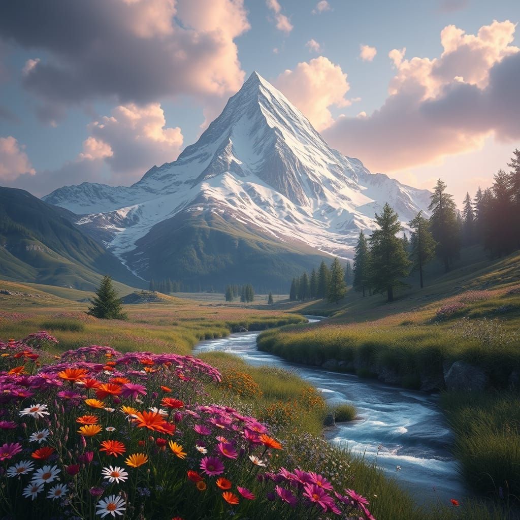 a field of wildflowers next to a mountain with a river of melting snow  by @Hereami