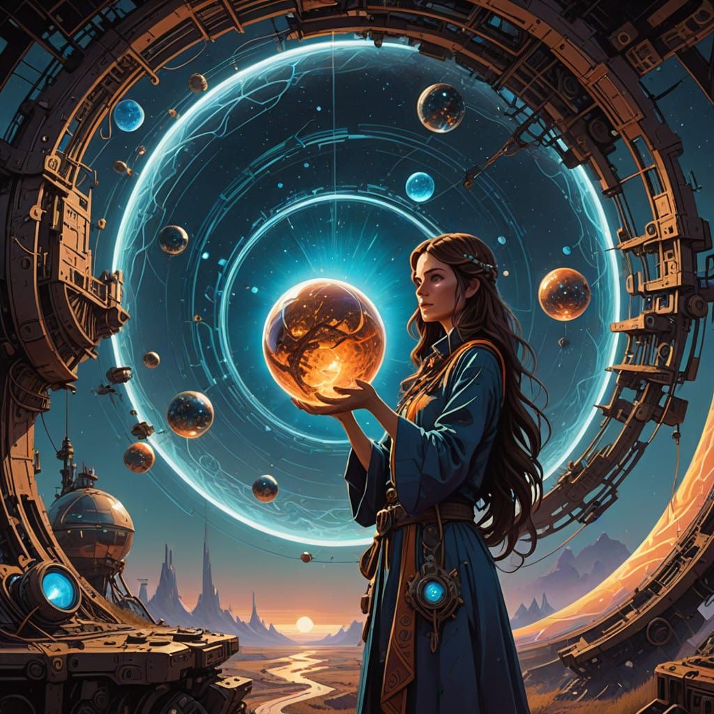 female Magician::beautiful::long brown hair::casting a spell using aurocore:: fractal::galaxy core::insanely ...  by @  debster