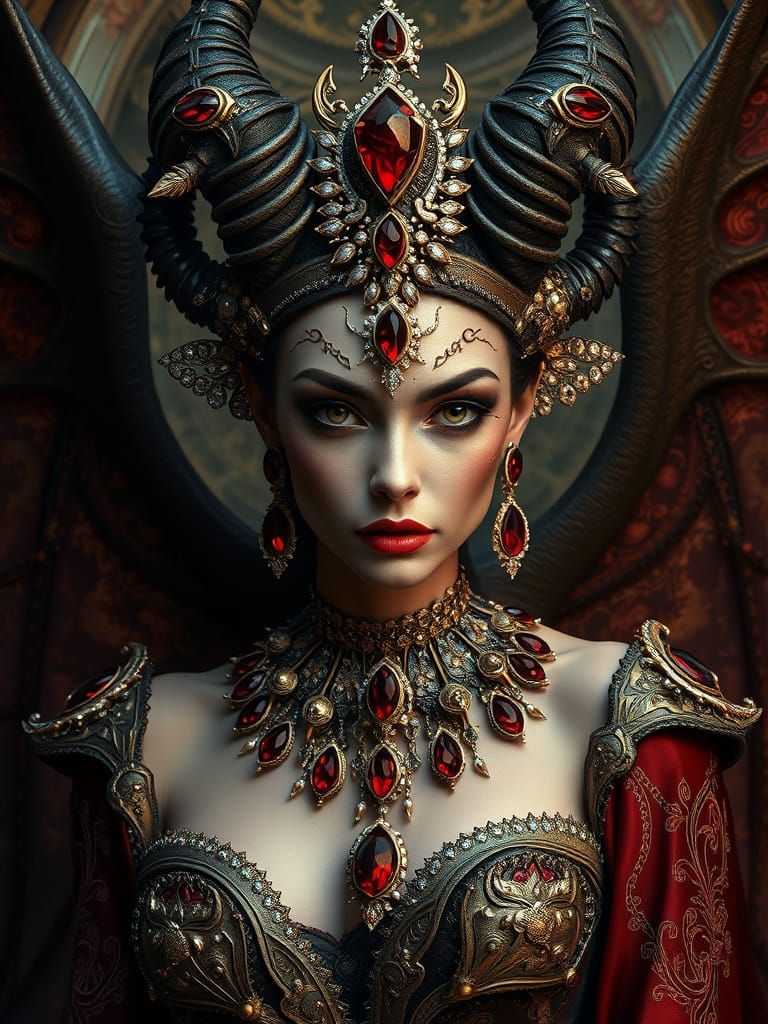 diamond and garnet demoness, covered in beautiful diamonds and garnets, elegant, beautiful, insanely ...  by @  debster