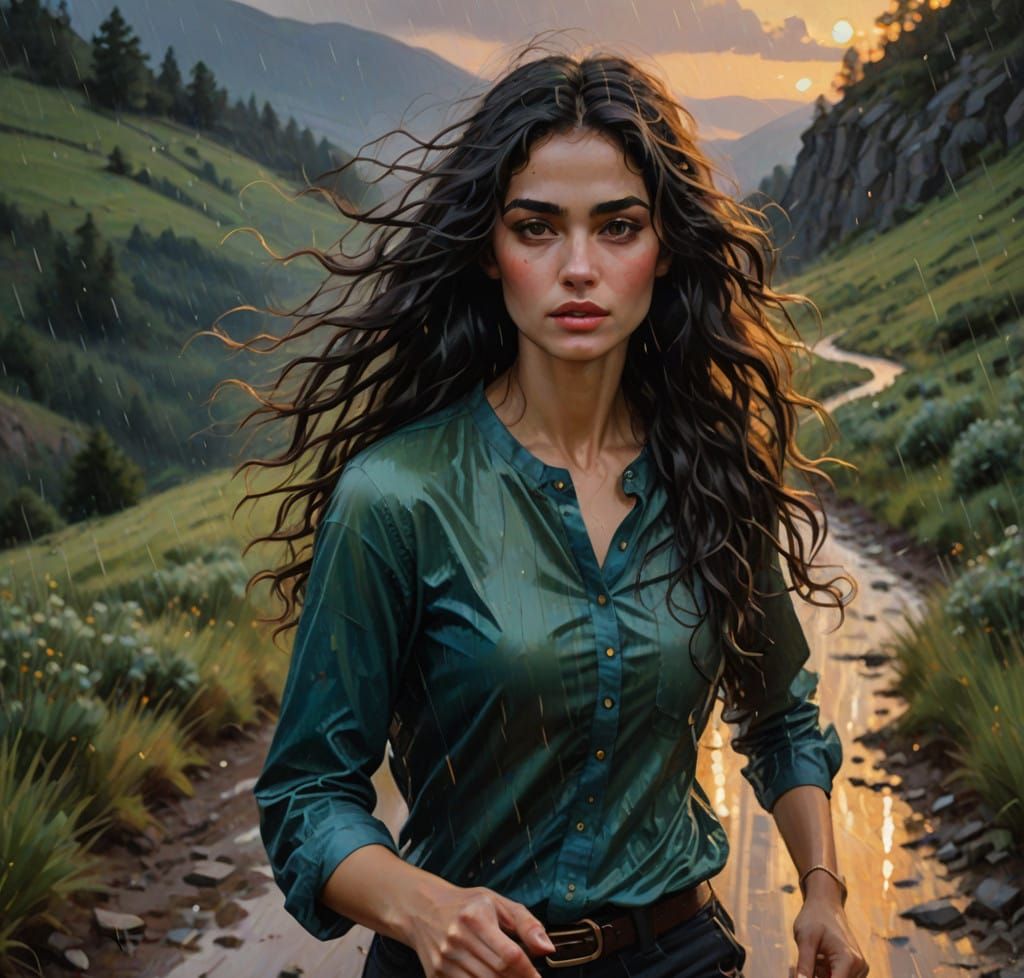 Impressionist Portrait of a Young Girl Running in the Rain a...