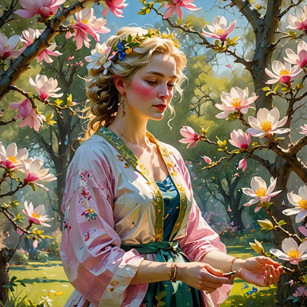 Pino Daeni painting  (magnolia tree, pink floss, rosy-white ...