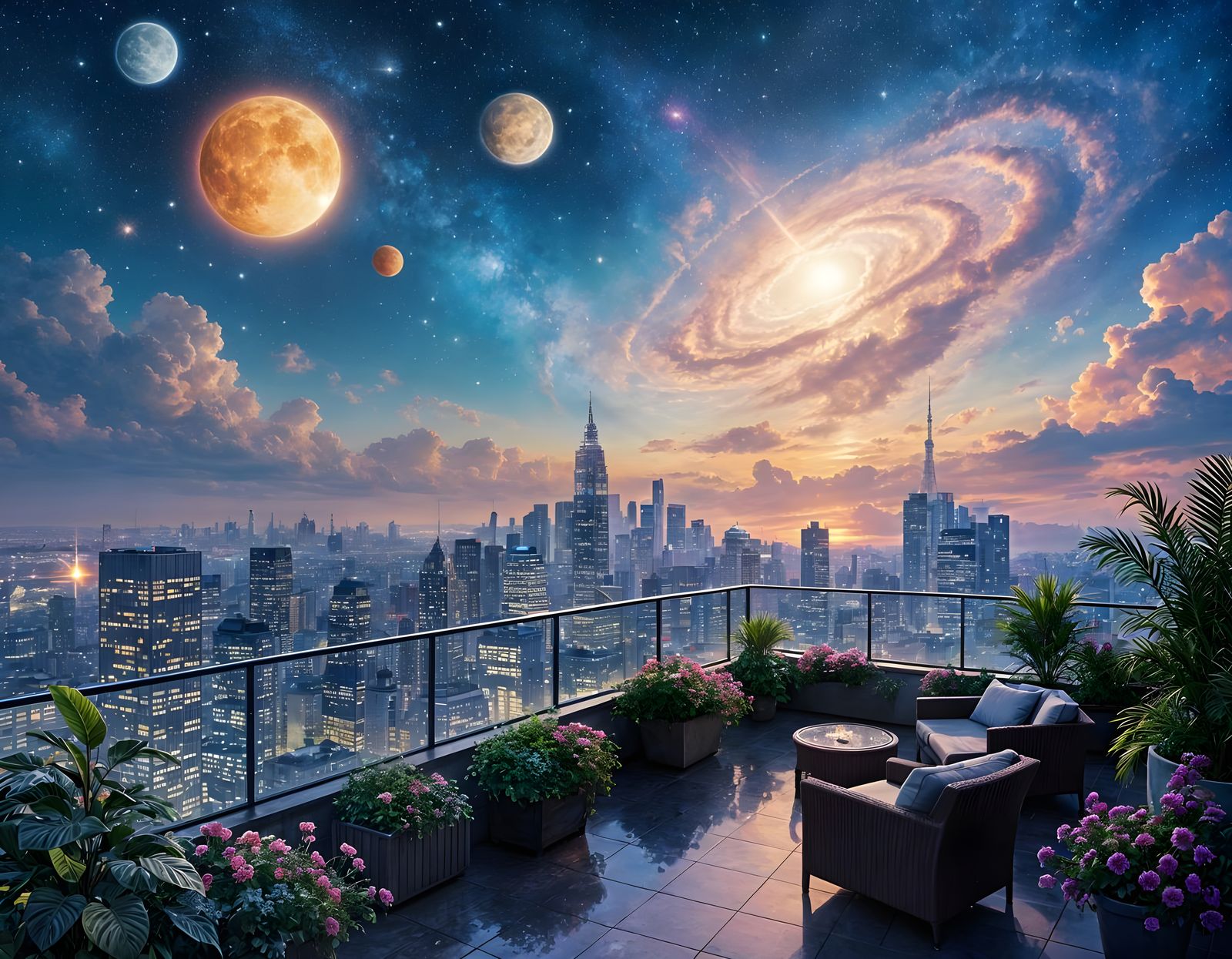 Vibrant Rooftop Garden Overlooking City Under Cosmic Sky