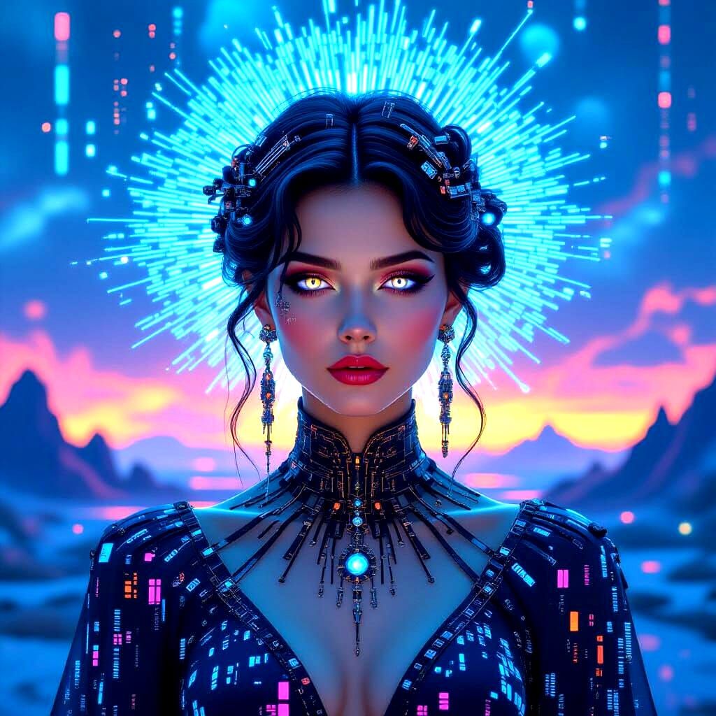 A digital oracle with a flowing gown of binary code stands before a shimmering portal, their eyes radiating an otherworldly glow. Facing the...