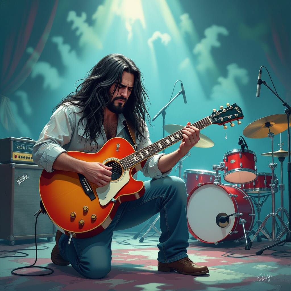 "Comedic surreal illustration: a long-haired guy, totally clueless at playing guitar, furiously strums and tortures the instrument with wild...