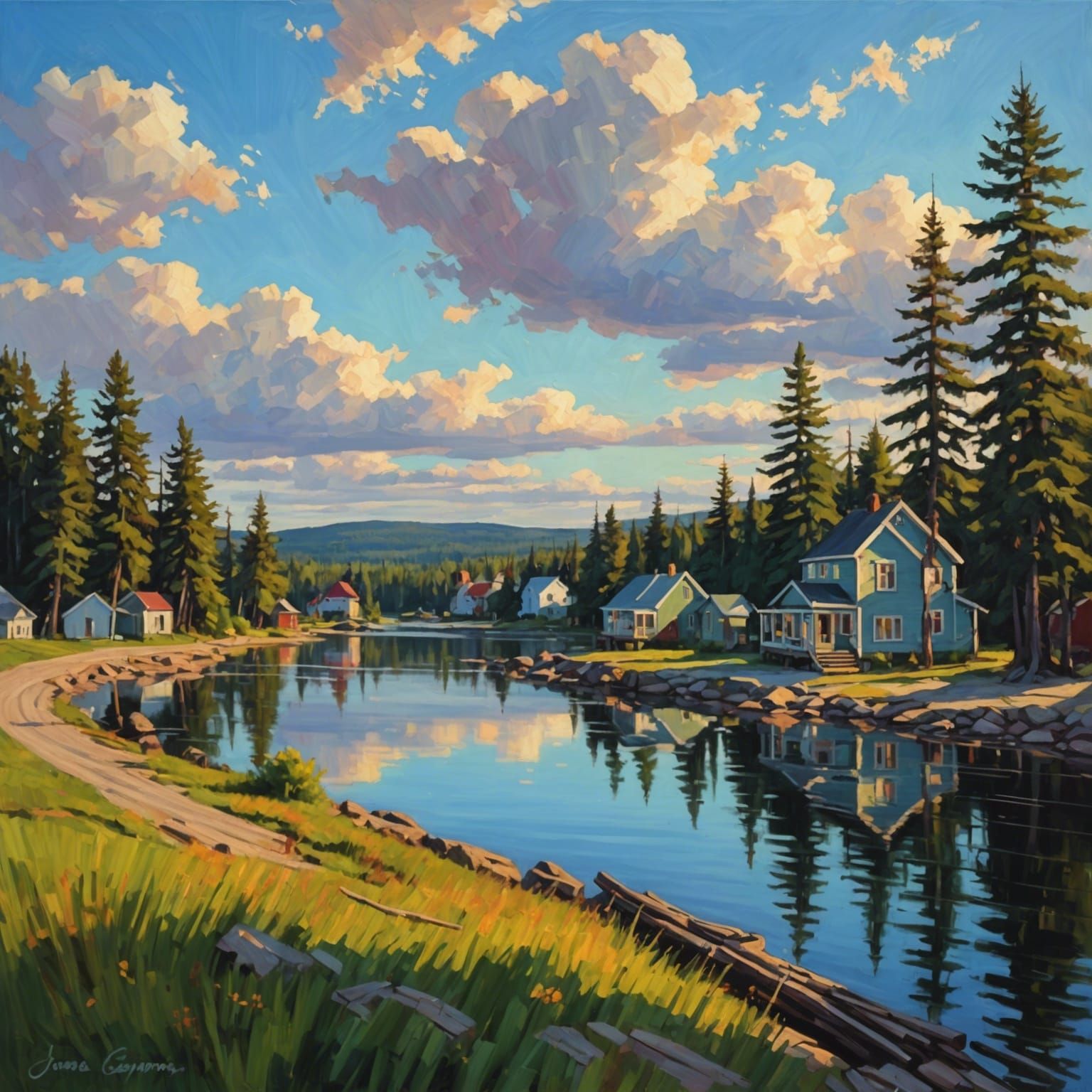 Northern Ontario town next to a lake, summer time, early eve...