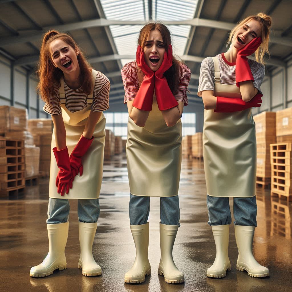 Three tired 25 year old german women with forced joyful facial expressions, standing inside an empty well-lit warehouse,...
