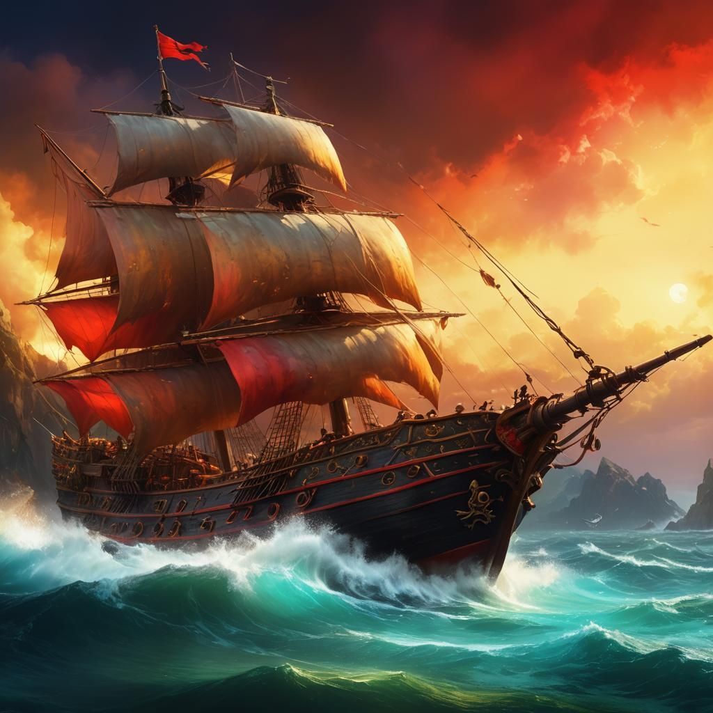 Pirate Ship beneath Red Clouds