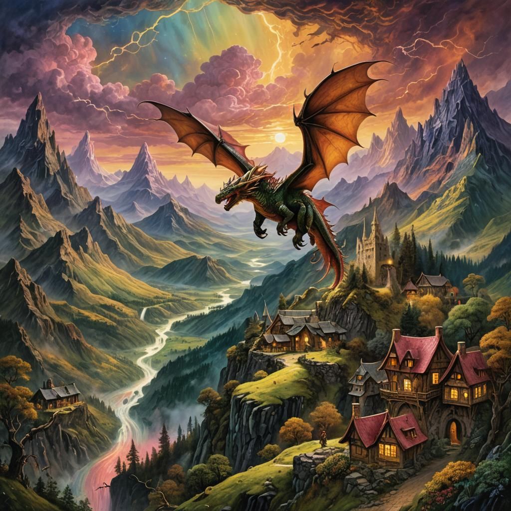 Dragon Flight Over Middle Earth Landscape