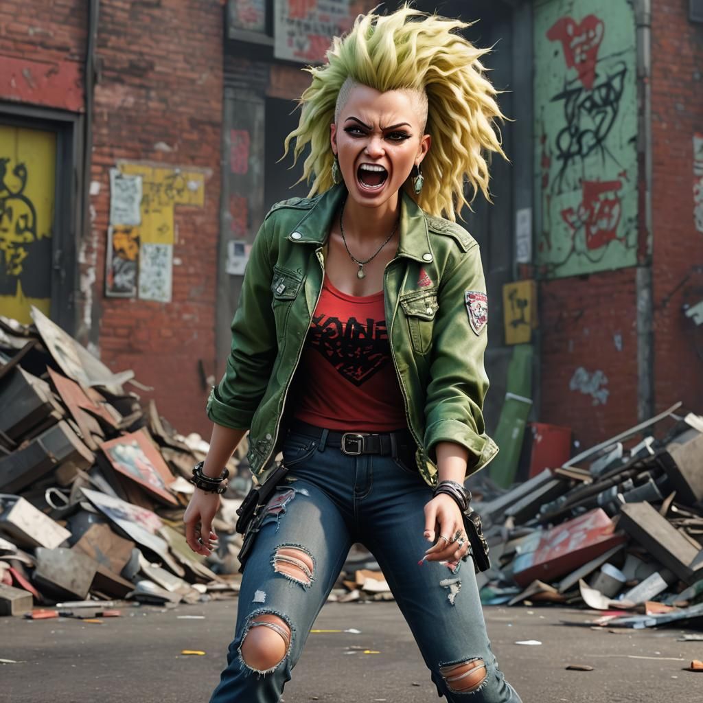 Ultra-realistic 8K image. One angry punk girl (green mohawk,...