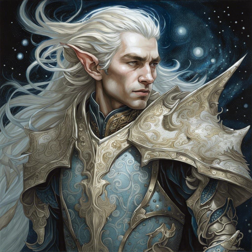 male elf wearing starry plate armor, no helmet, pointed ears, facing ...