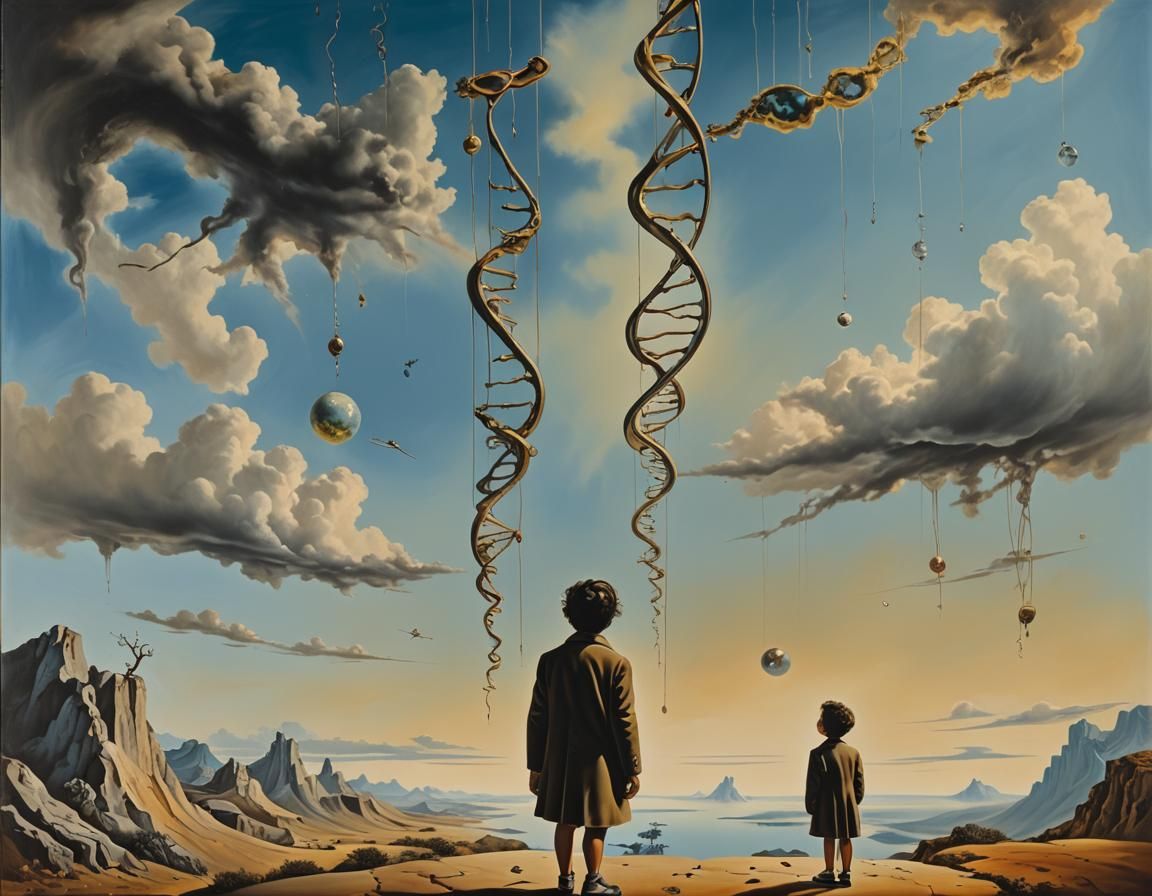 One child looking at a DNA hanging in the sky, in a surrealist ...