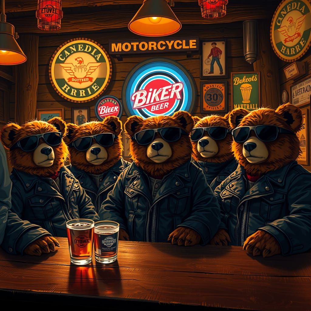 Teddy bears hanging out in a biker bar