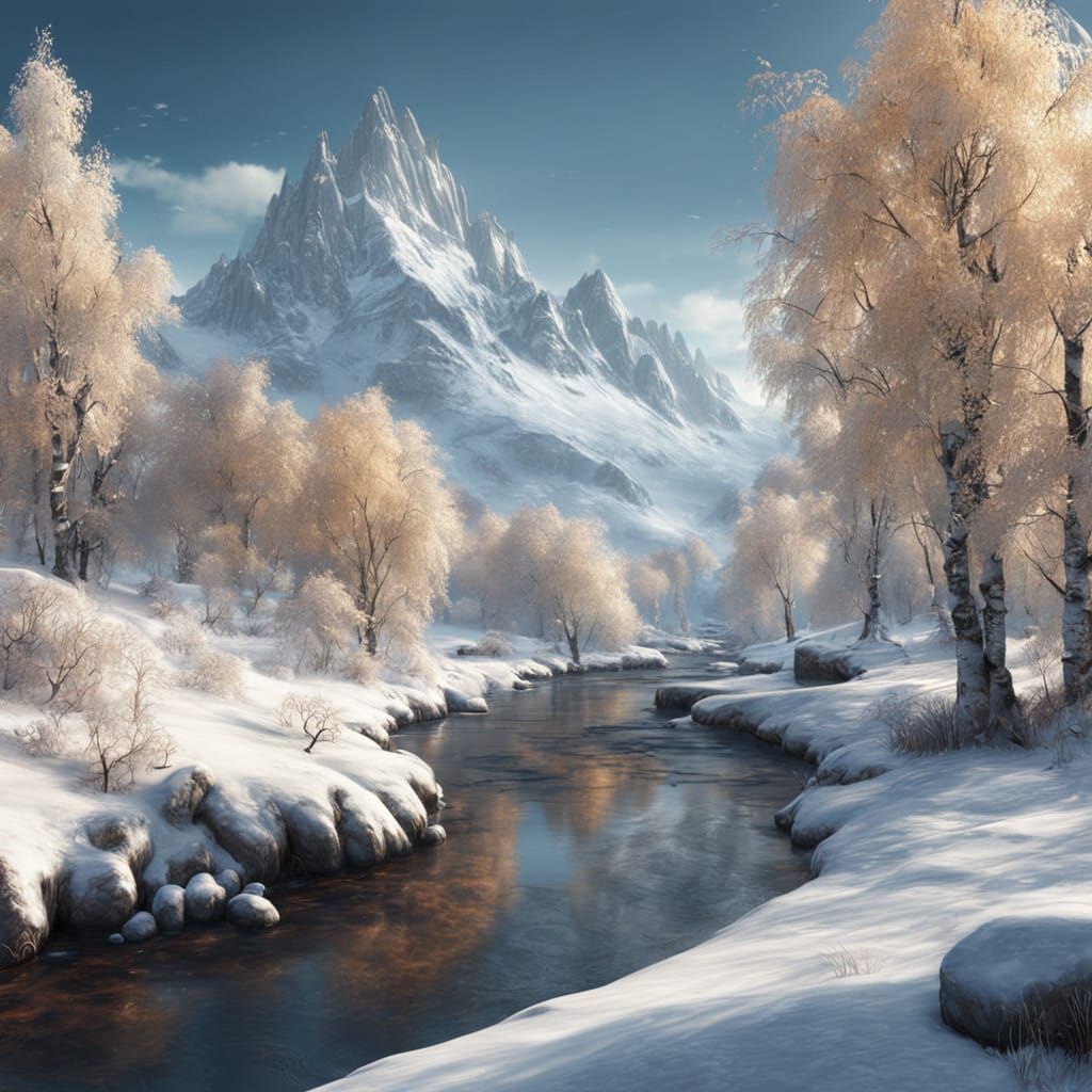 winter snowy landscape, birch trees, stream  by @Mila K