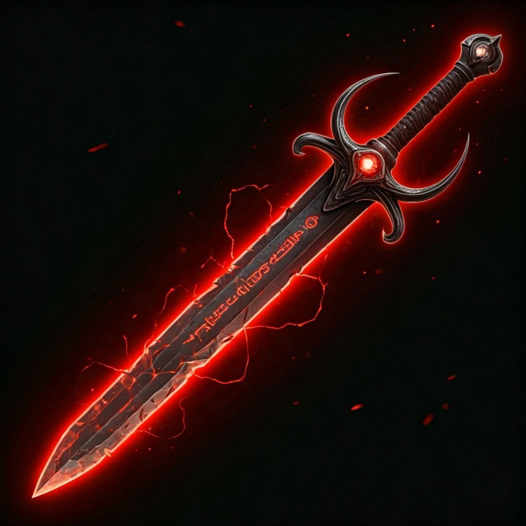 "A broken Martian war sword with a jagged, meteorite-like blade that radiates faint red light. The hilt is ornate, made of dark metal with i...