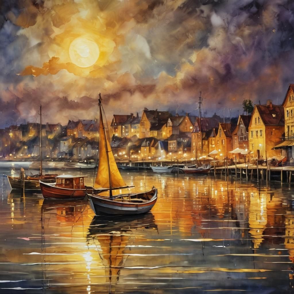 Surreal Golden Sunset Over Seaside Village in Vibrant Waterc...