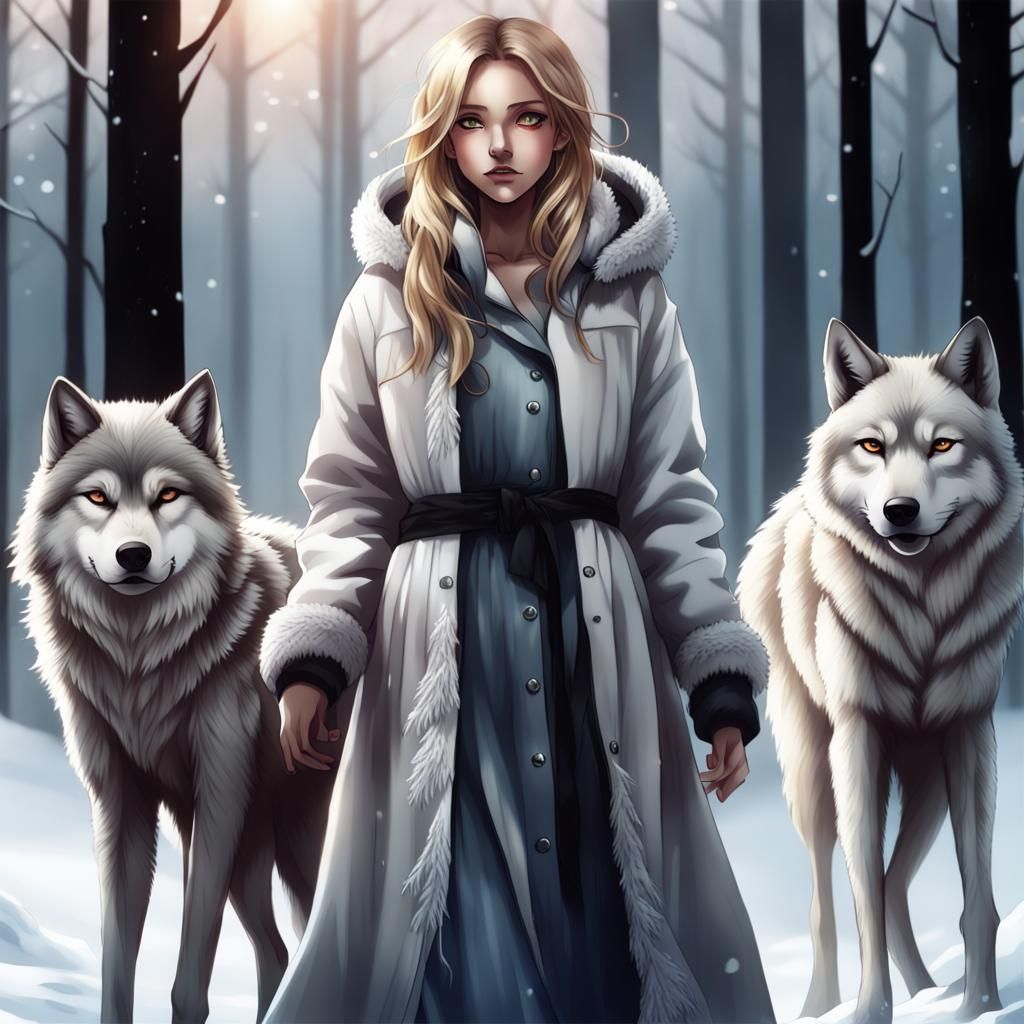 Realistic Anime: Girl with Wolves in Snow