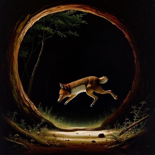 A red wolf jumping down into a hole on the forest floor, in ...
