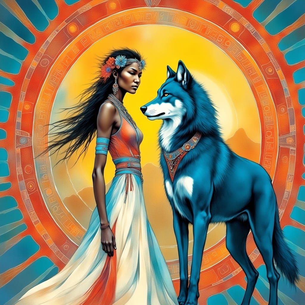 <lora:Archetypal Images:1.0> A woman and a wolf in front of a large ornate detailed sun with halos and runes
