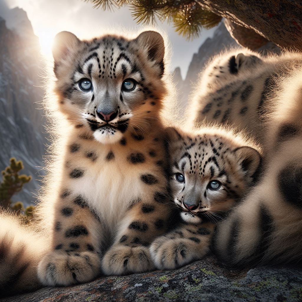 Baby snow leopard amidst the rugged granite outcroppings and pine forests of the high Himalayas