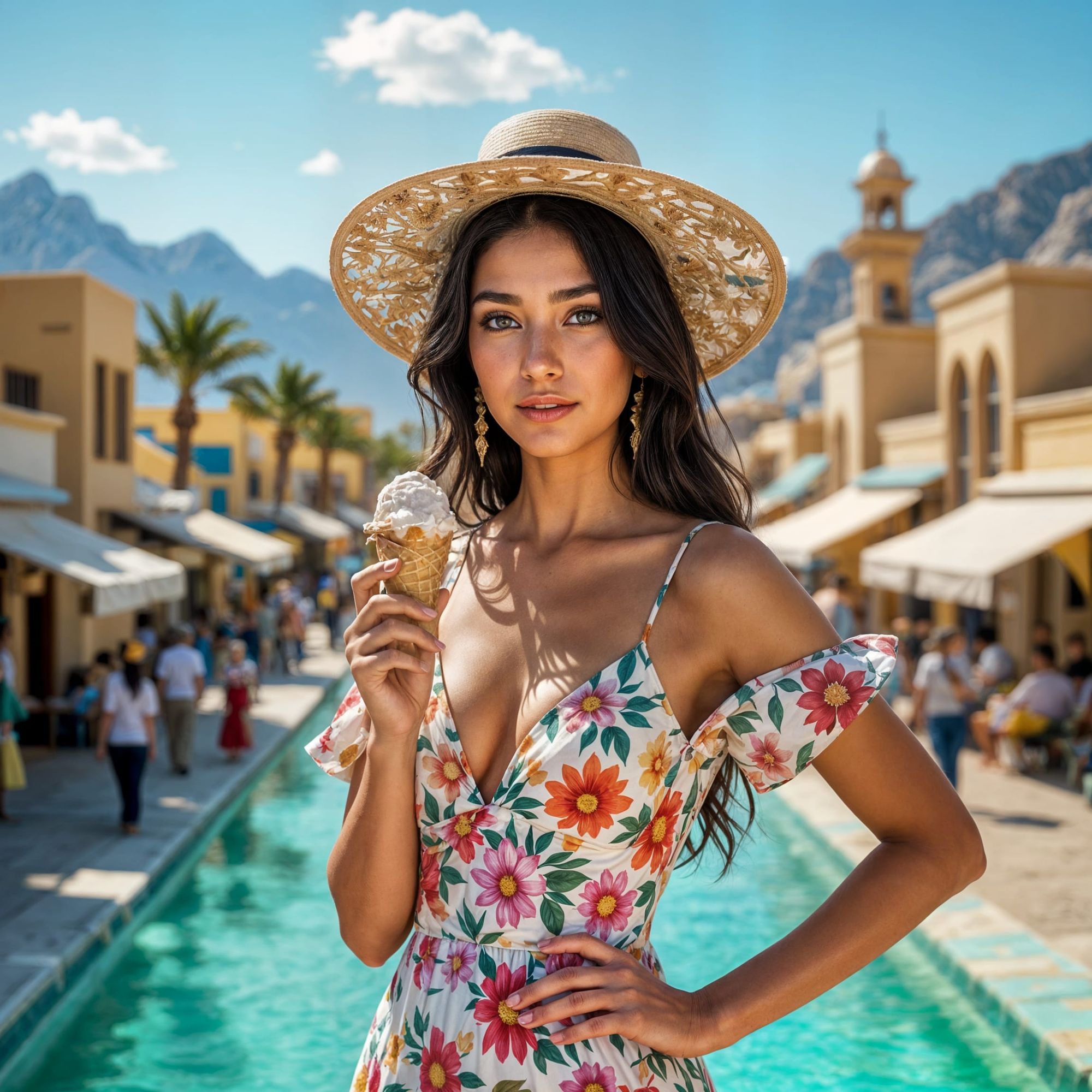 Beautiful young slightly smiling woman with hat made from unusual material and with ice cream in her hand, in her 30s, with fair skin and bl...