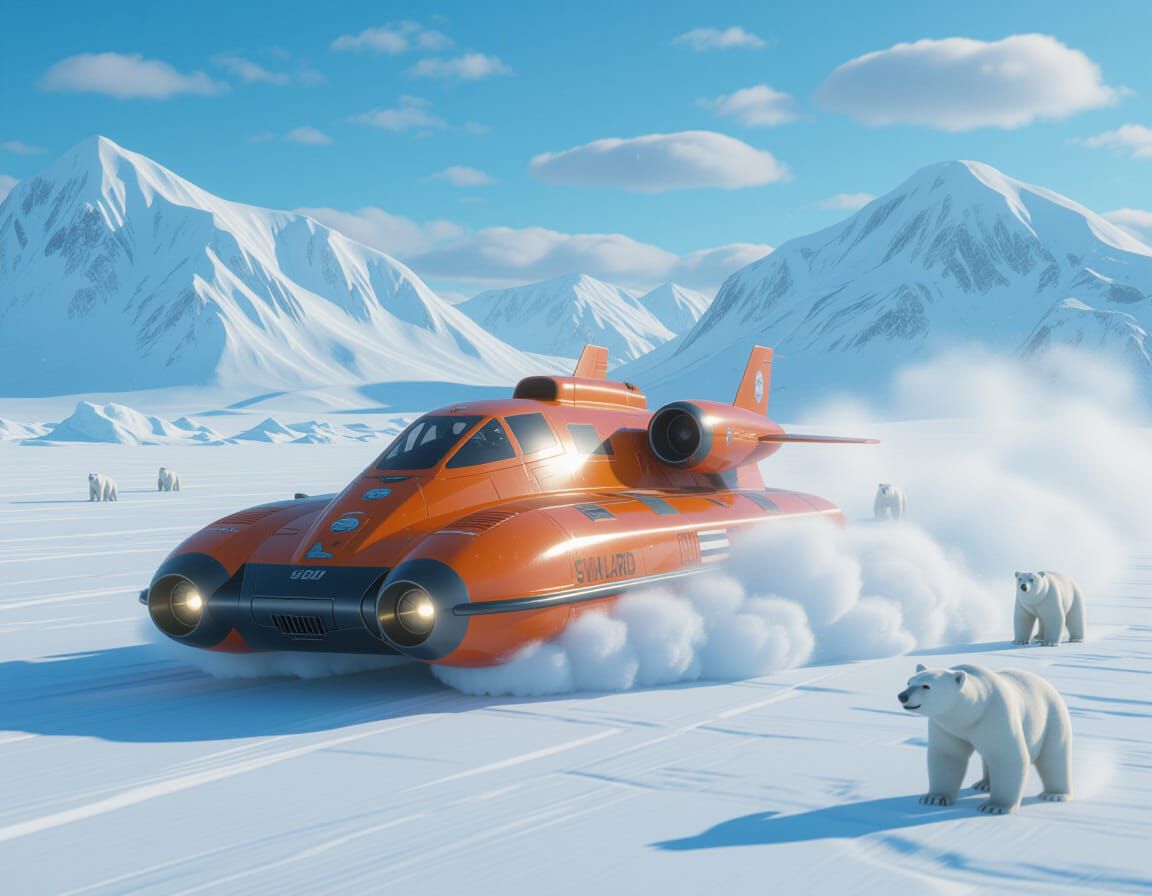 Hovercraft navigating on Svalbard frozen landscape.  by @Eldorado