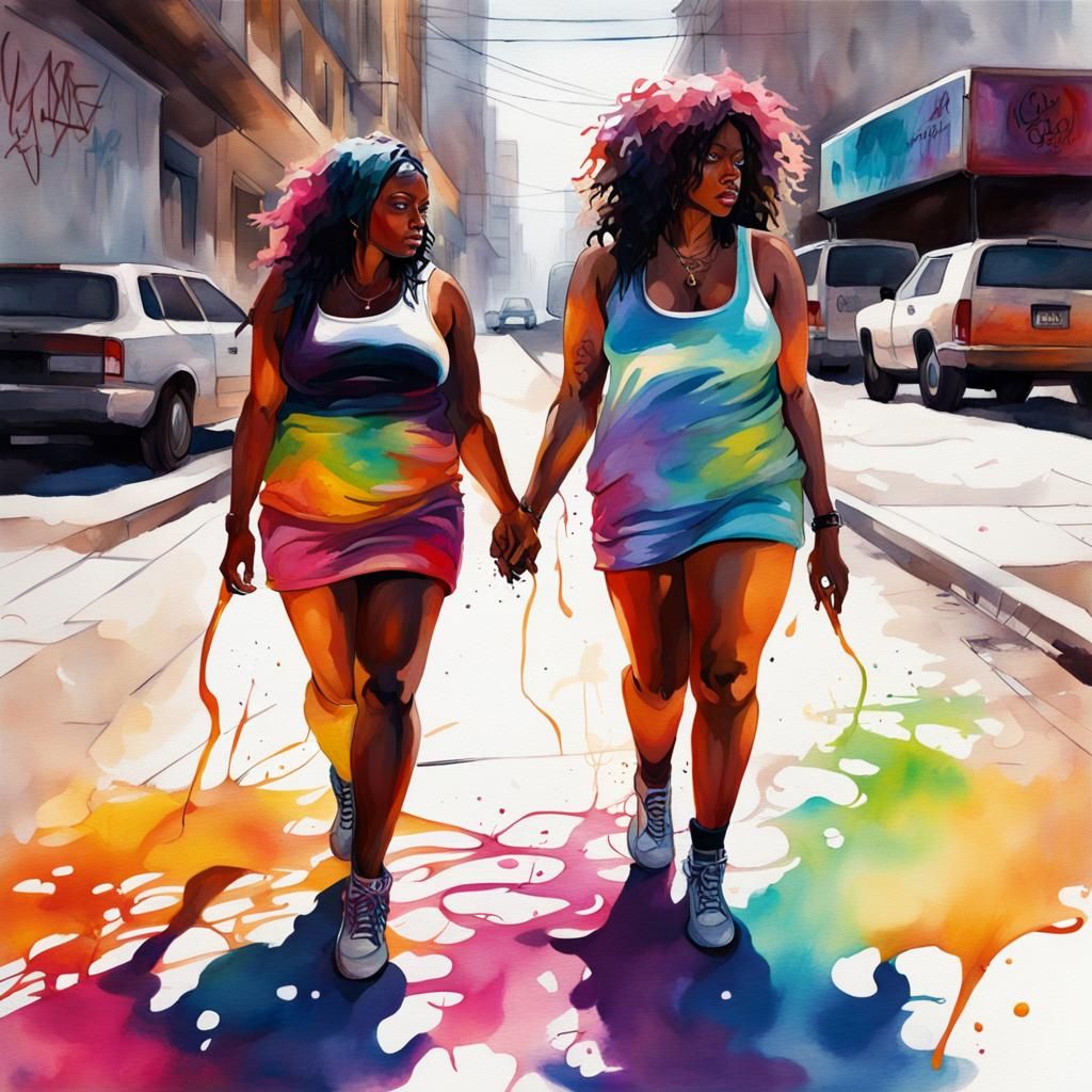 Painterly watercolor curvy lesbians of color walking