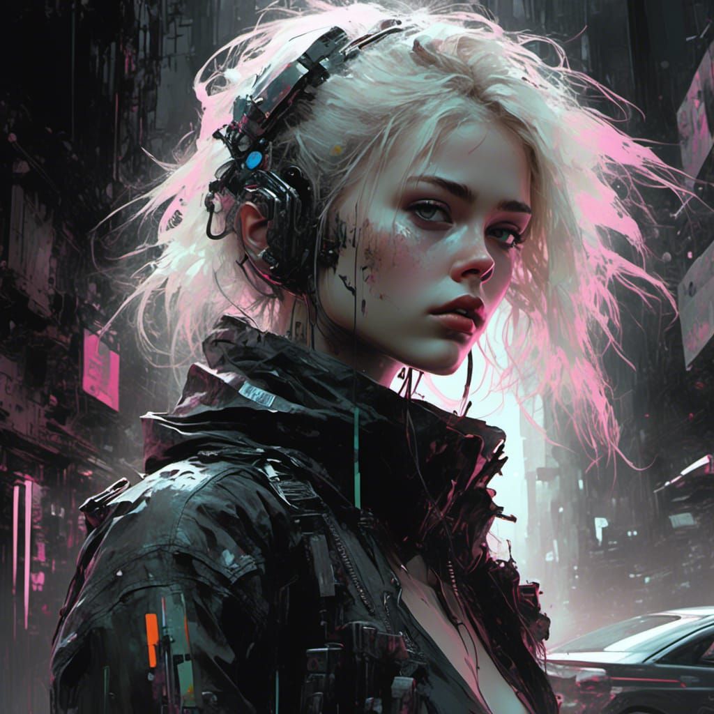 <lora:After Life:1.0> "8k; a black and white futuristic stunning athletic kitsch anime blonde realistic cyberpunk girl walking out side; ex...