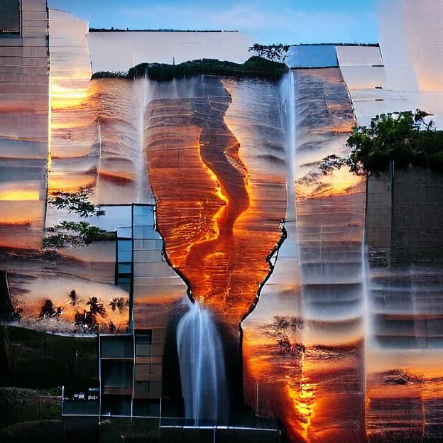 A colossal waterfall reflecting the sunset